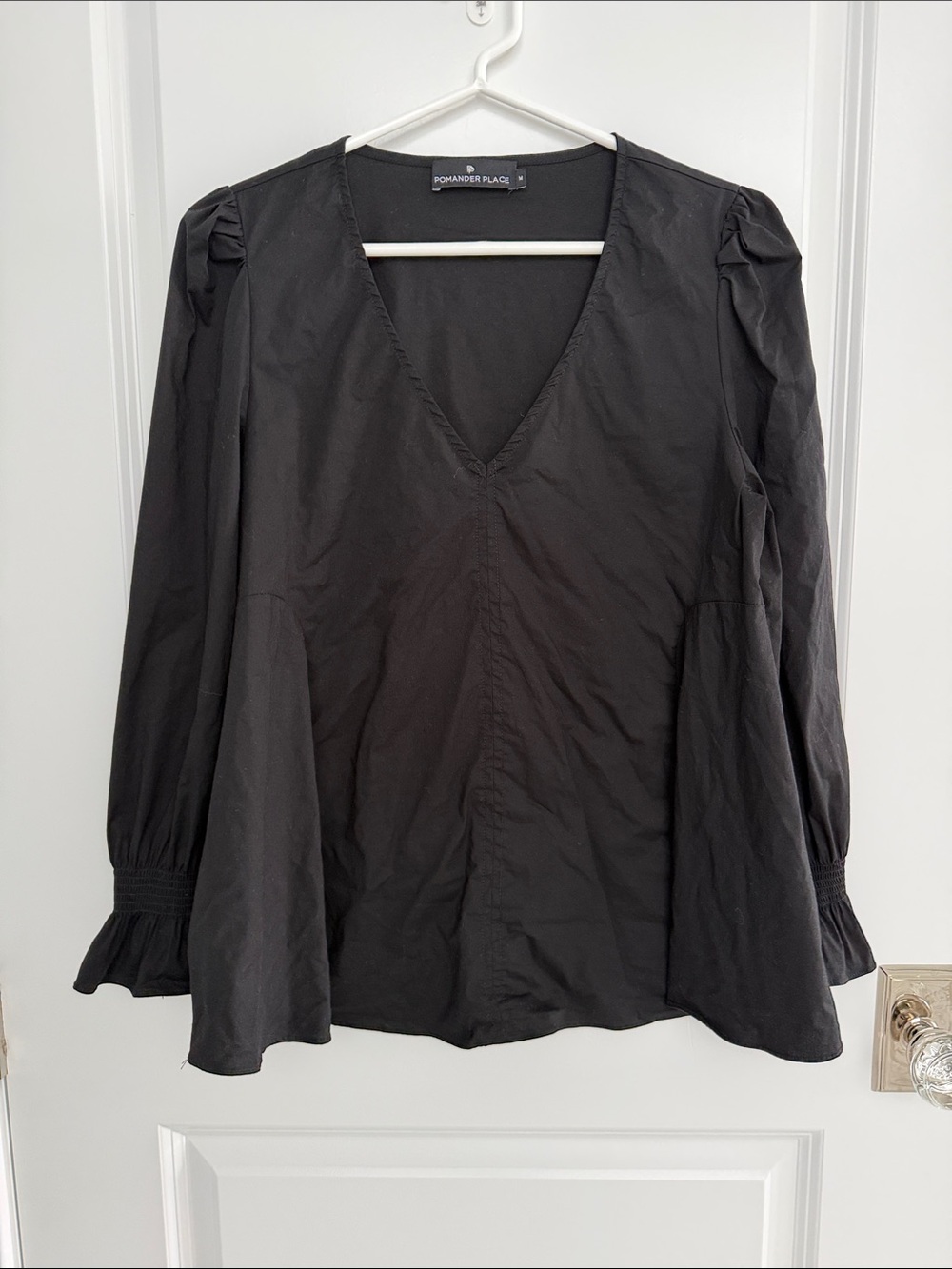 Pomander Place Black V-Neck Peplum Blouse with Smocked Cuffs